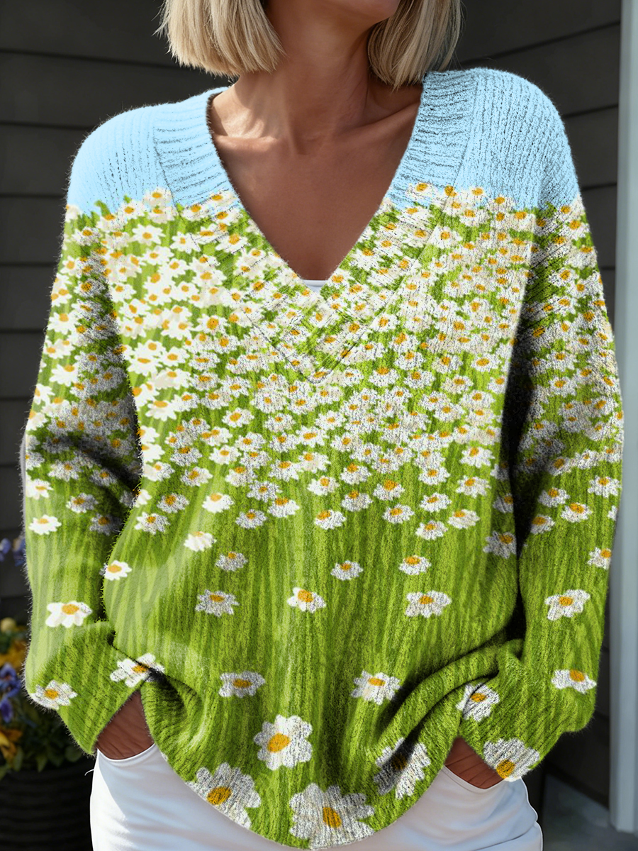 Women's Vintage Blue Green Floral Art Print Casual V-neck Knit Sweater