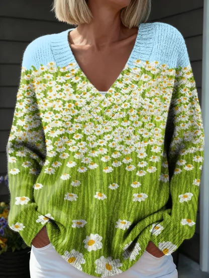 Women's Vintage Blue Green Floral Art Print Casual V-neck Knit Sweater