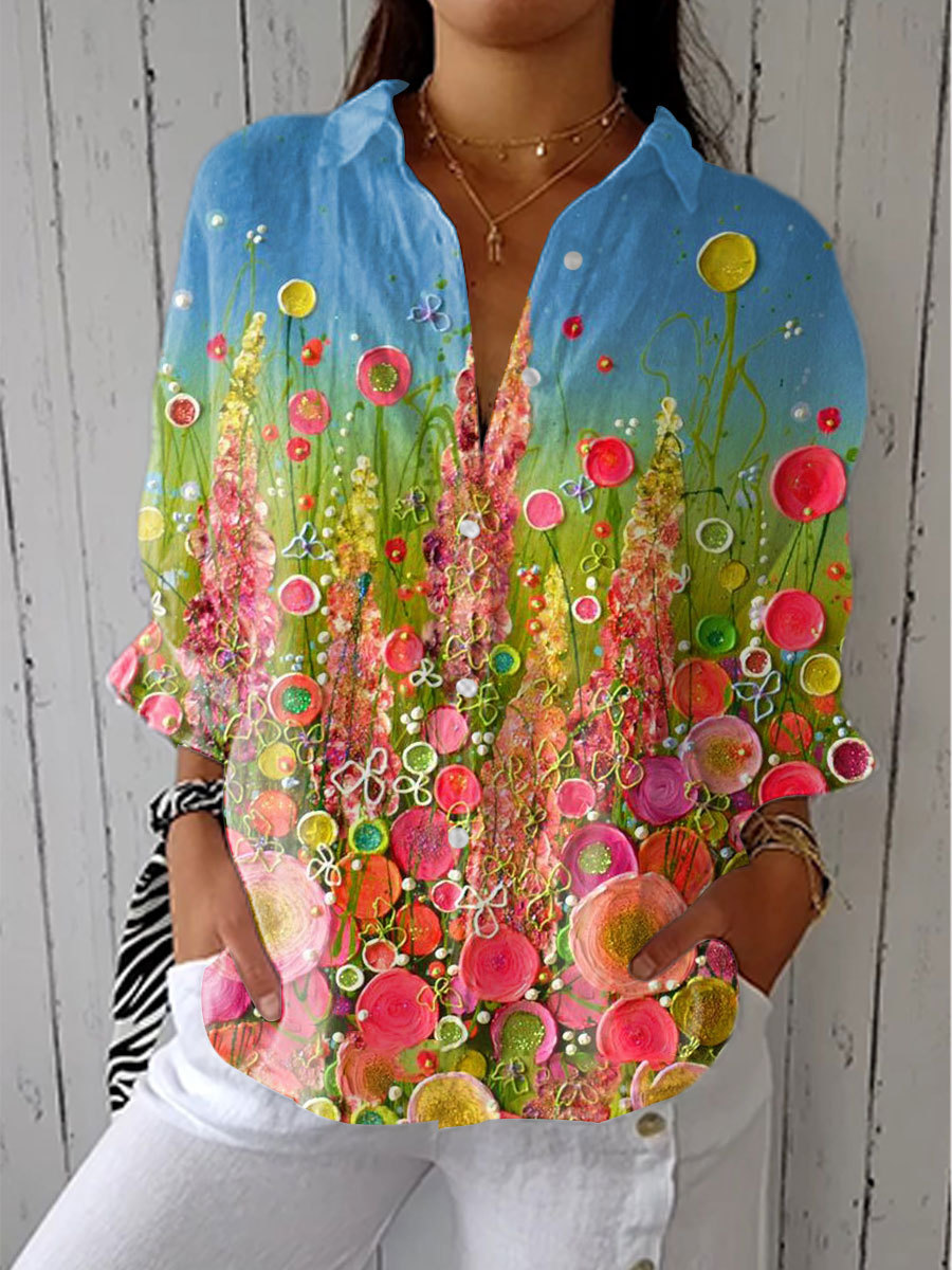 Women's Vintage Gradient Floral Art Print Casual Linen V-neck Shirt