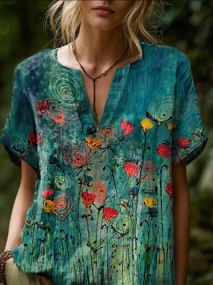 Women's Floral Pattern Artistic Print Casual Cotton Short-sleeved V-neck Shirt