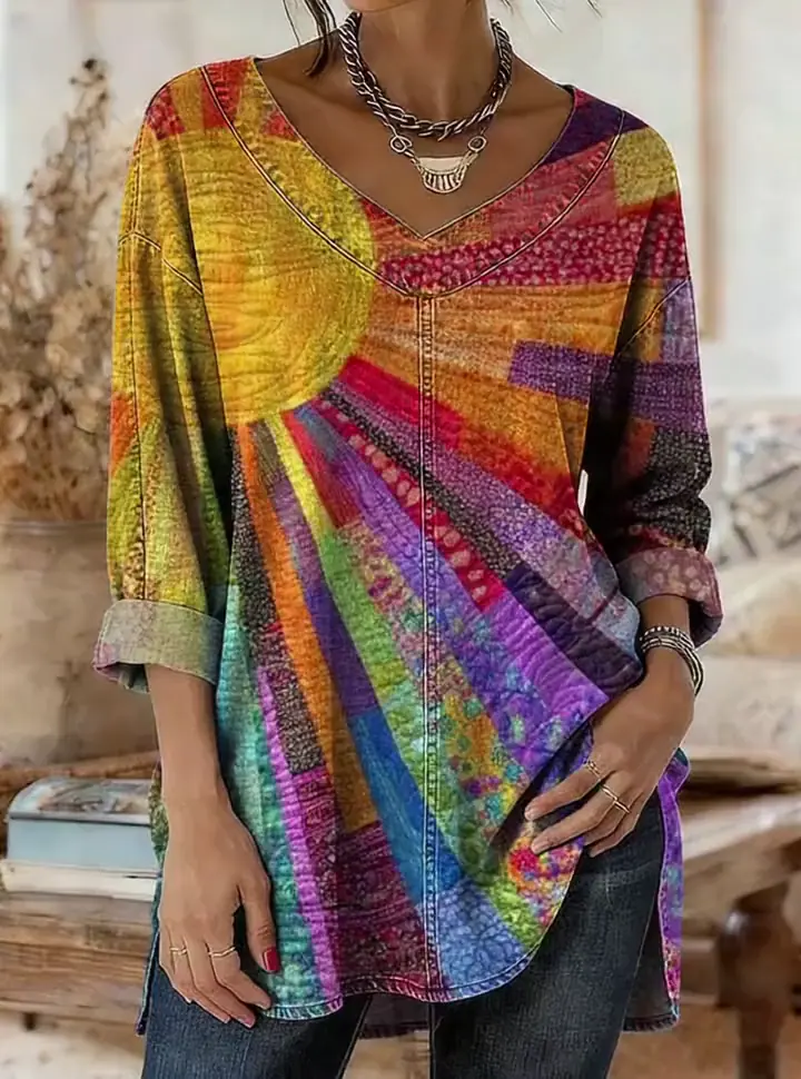 Women's Retro Colorful Sun Art Print Casual Long Sleeve V-Neck Washed Cotton Denim Top