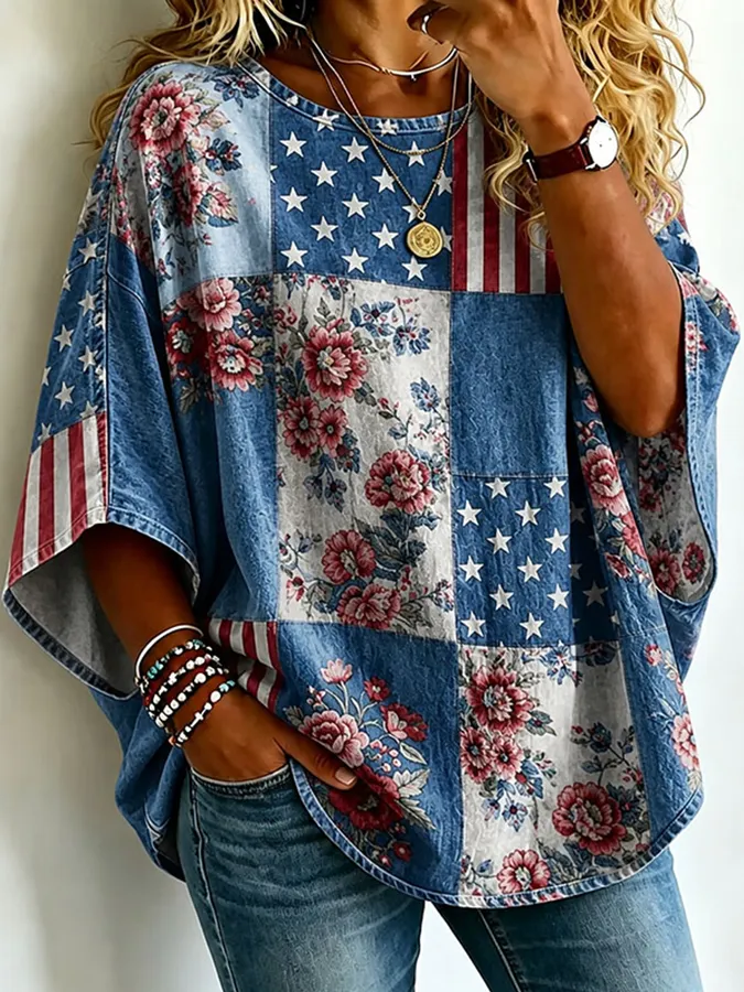 🔥Buy 3 Get 20% Off🔥Women's American Flag Floral Vintage Loose T-Shirt