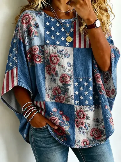 🔥Buy 3 Get 20% Off🔥Women's American Flag Floral Vintage Loose T-Shirt