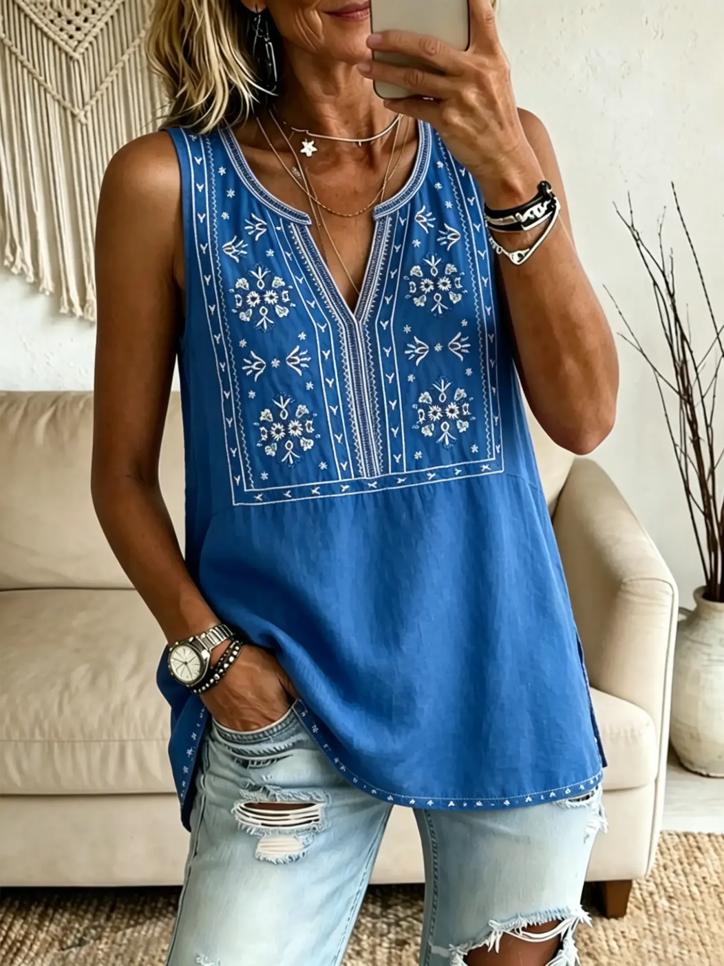 Women's Ethnic Geometric Floral V-Neck Sleeveless Tank Top