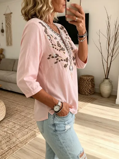 Women's Boho Floral V-Neck 3/4 Sleeve Top