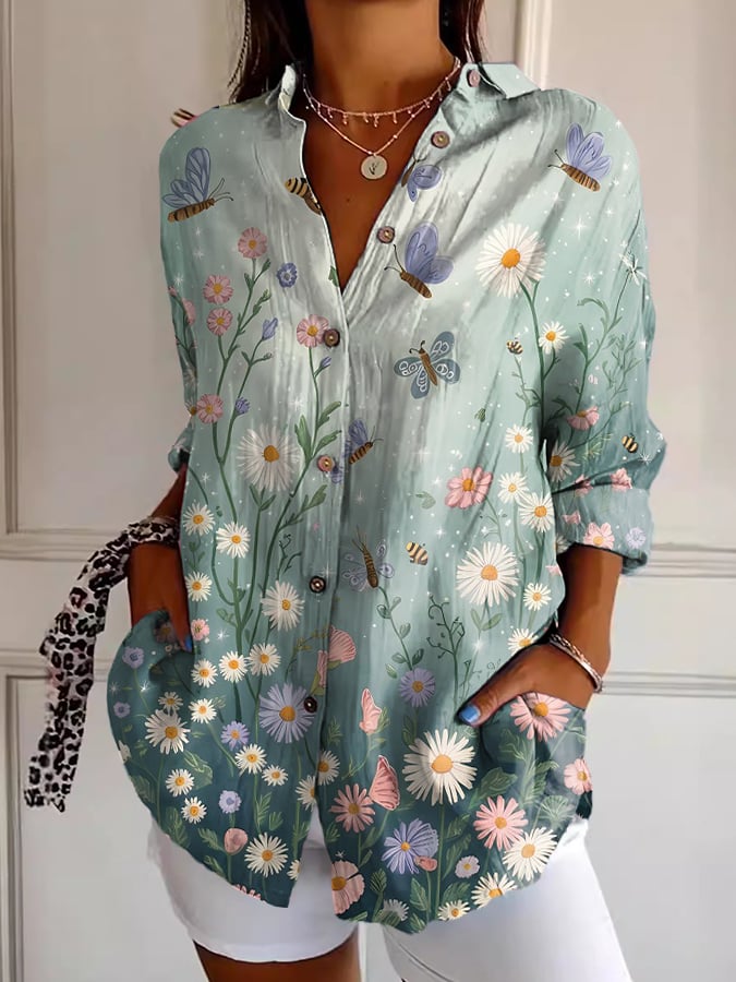 Women's Forest Bee Butterfly Print Casual Lapel Shirt