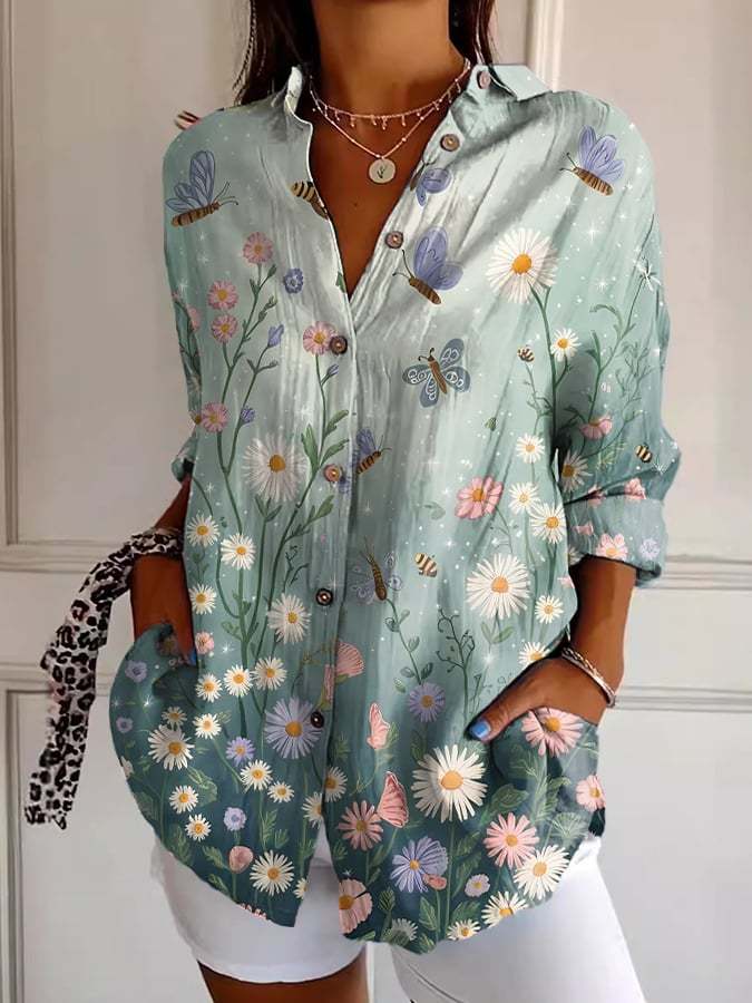 Women's Forest Bee Butterfly Print Casual Lapel Shirt