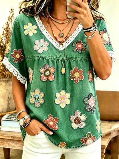 Women's Floral Patchwork Print Cotton Lace Trim V-Neck Blouse