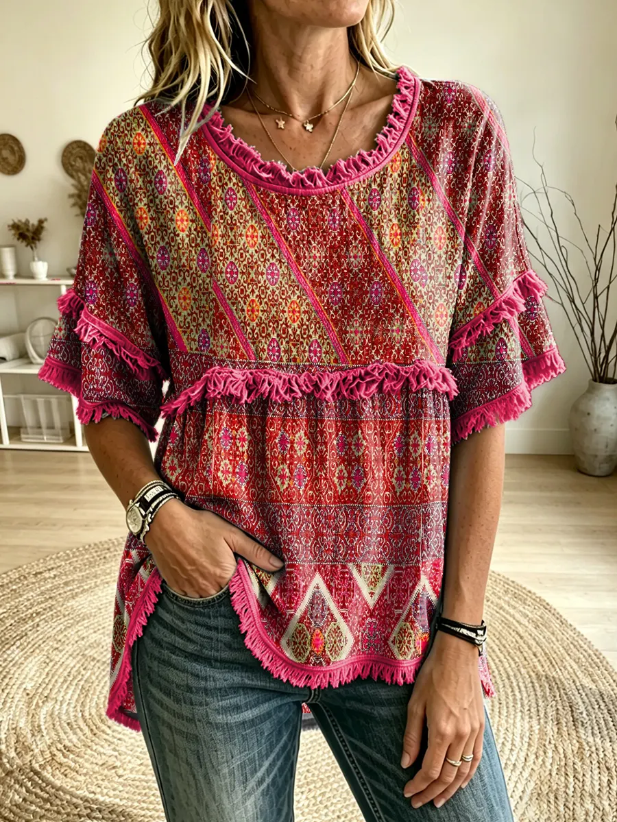 Women's Ethnic Geometric Print Round Neck Fringe Trim Blouse