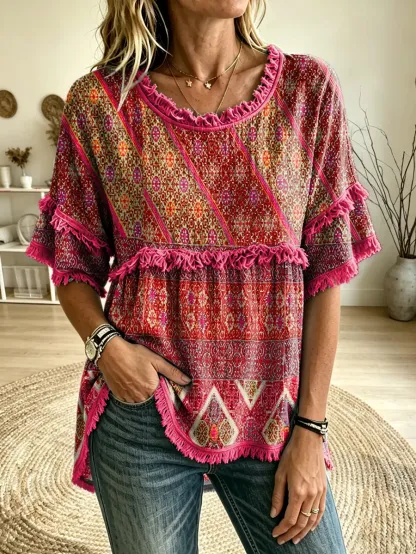 Women's Ethnic Geometric Print Round Neck Fringe Trim Blouse