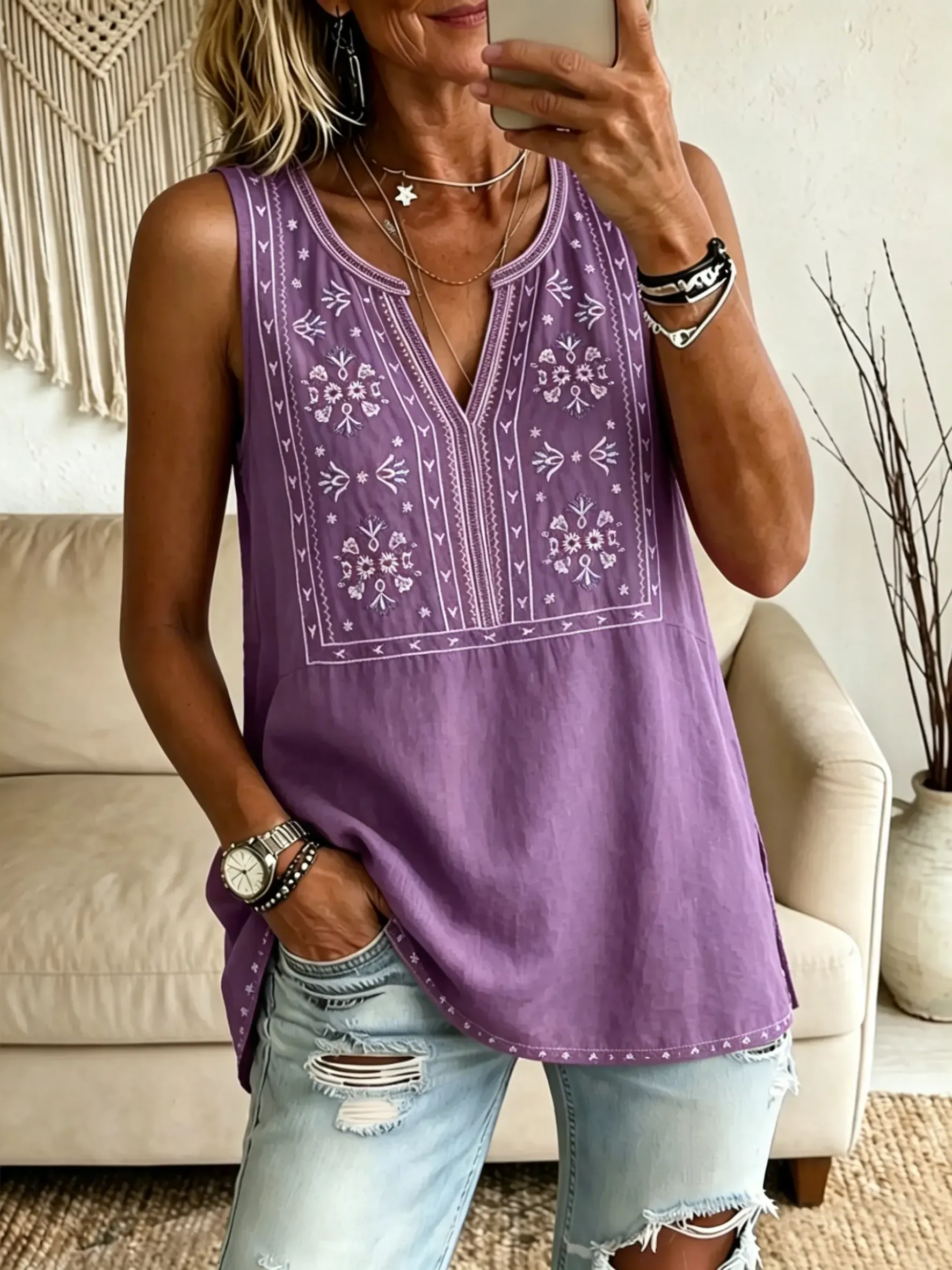 Women's Ethnic Geometric Floral V-Neck Sleeveless Tank Top