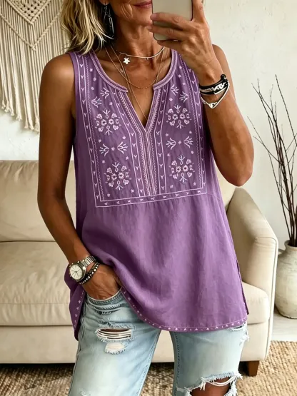 Women's Ethnic Geometric Floral V-Neck Sleeveless Tank Top