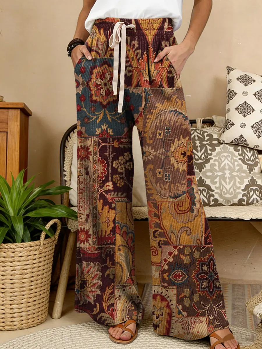 Women's Retro Ethnic Floral Collage Art Print Comfortable Drawstring Knit Trousers