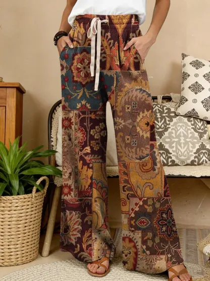 Women's Retro Ethnic Floral Collage Art Print Comfortable Drawstring Knit Trousers