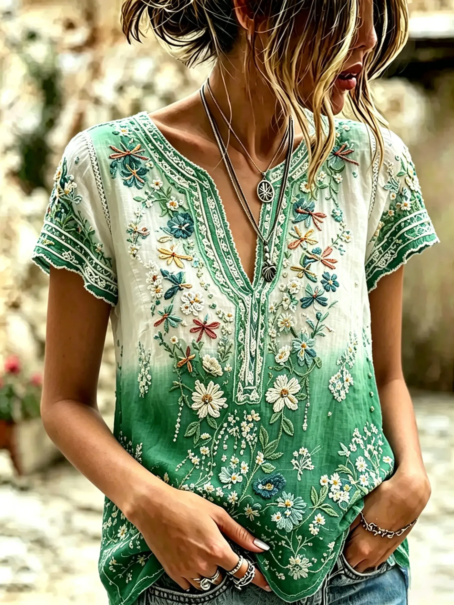 Women's Vintage Floral Textured Art Print Short-Sleeve Top