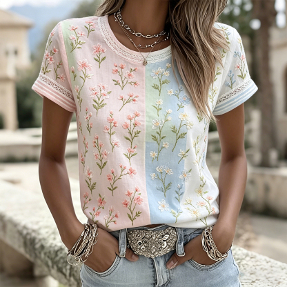 Women's Retro Rose Art Embroidery Color Block Splicing Comfortable Cotton Linen Round Neck Short Sleeve Top
