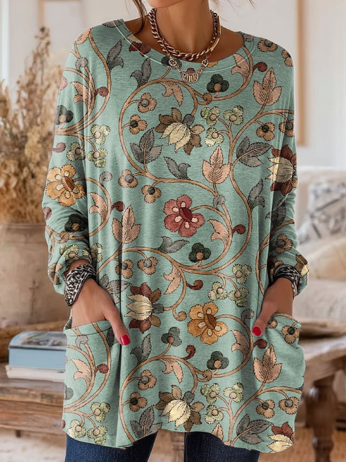 Women's Retro Floral Art Print Casual Long-Sleeve T-Shirt