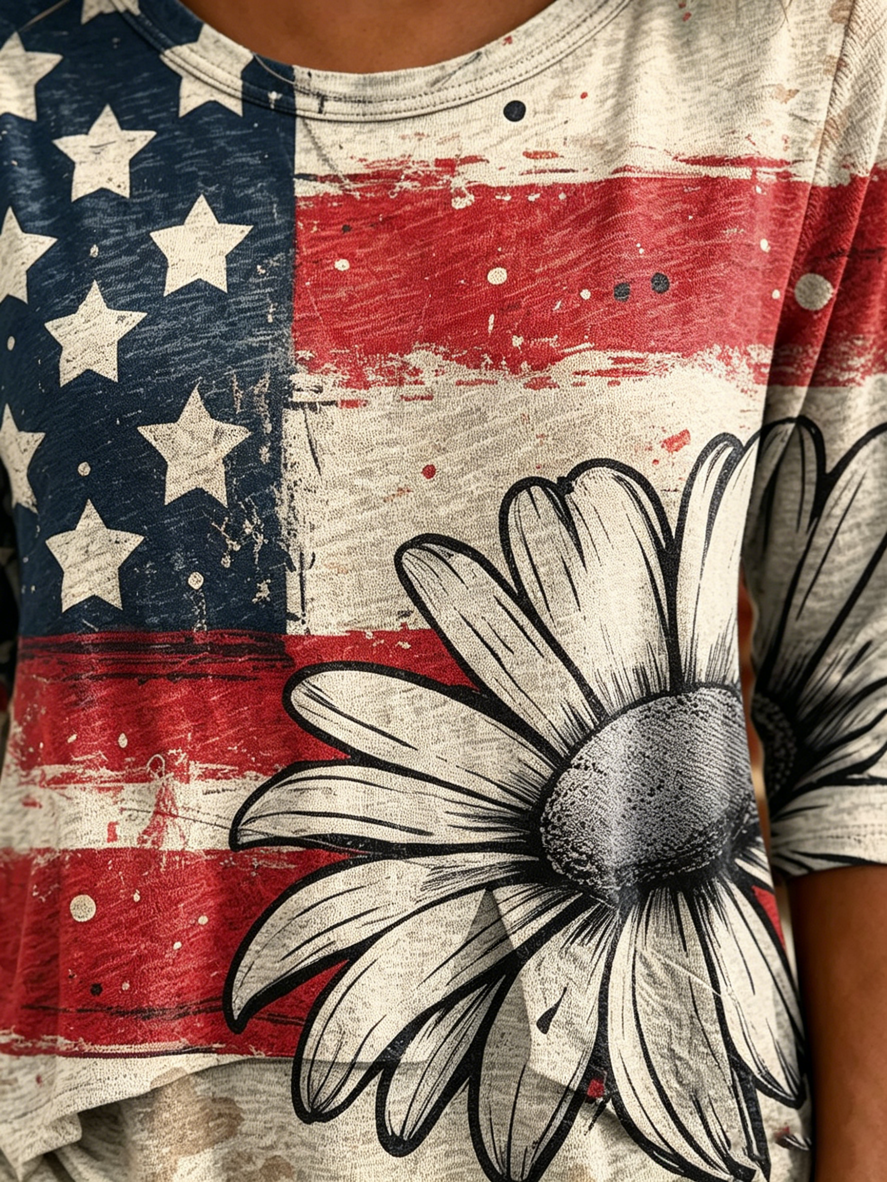 Women's Vintage Flag And Floral Art Print Casual Three-quarter Sleeve Round Neck Patchwork Shirt