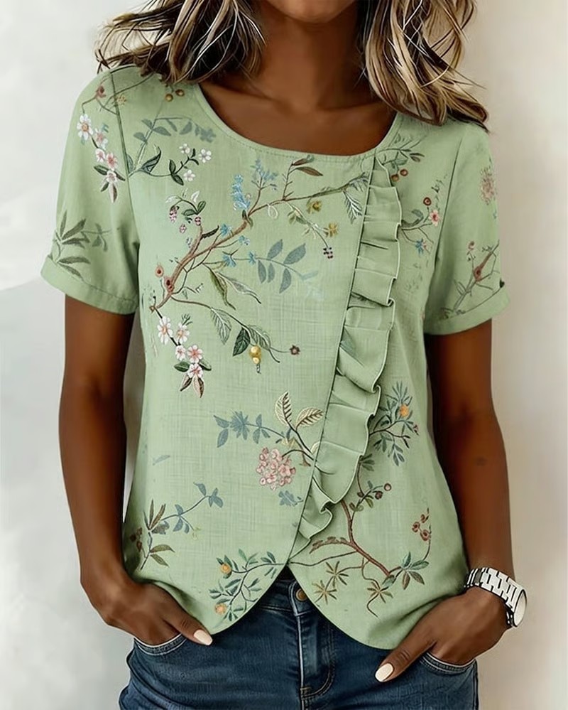 Crewneck Short Sleeve Ruffle Floral Blouse