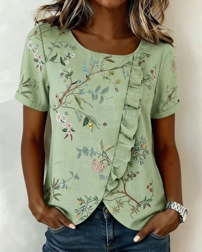Crewneck Short Sleeve Ruffle Floral Blouse