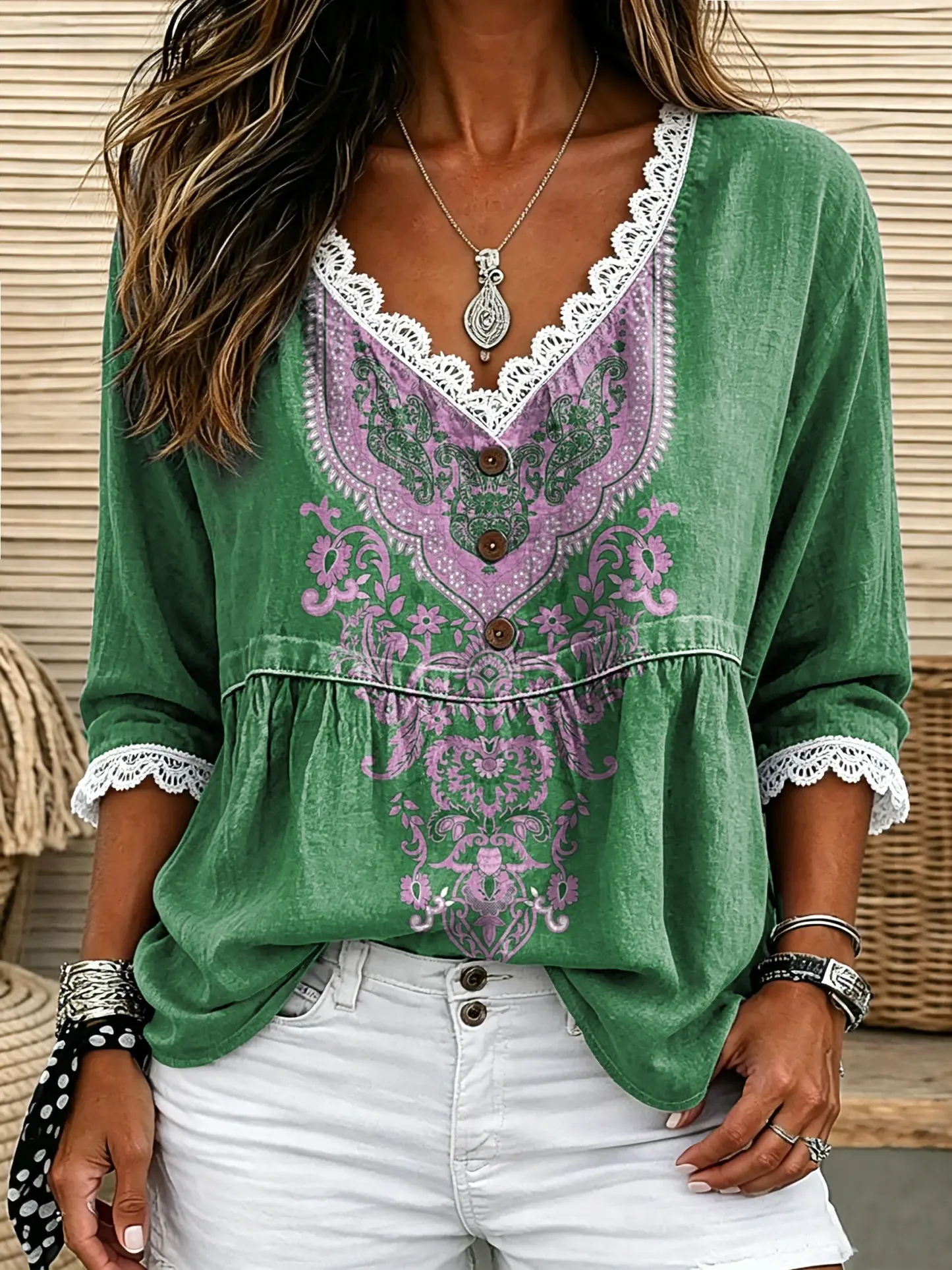 Women's Vintage-Style Ethnic Style Art Print Top with Lace Splicing