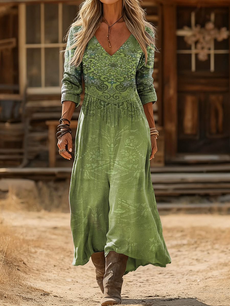 Women's Vintage Floral Art Print Pocket Cotton Dress