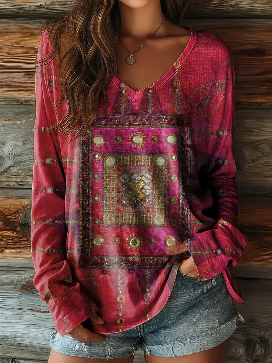 Women's Vintage Pattern Art Print Casual V-neck Long-sleeve T-shirt