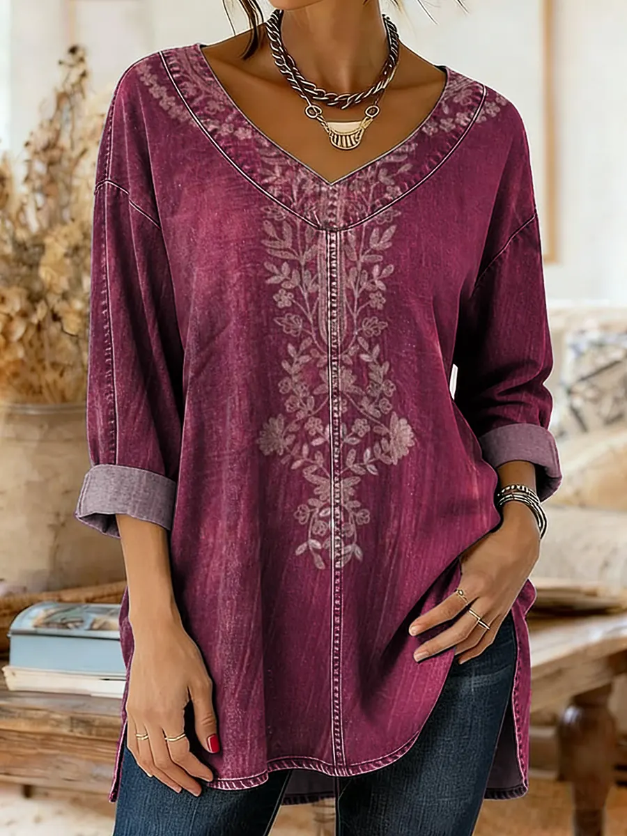 Ethnicity Flowers Totem Women's Art Print Casual Washed Denim Cotton Top