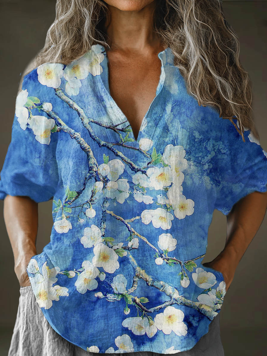 Women's Watercolor Flower Art Pattern Print Long Sleeve Comfortable Cotton And Linen Shirt