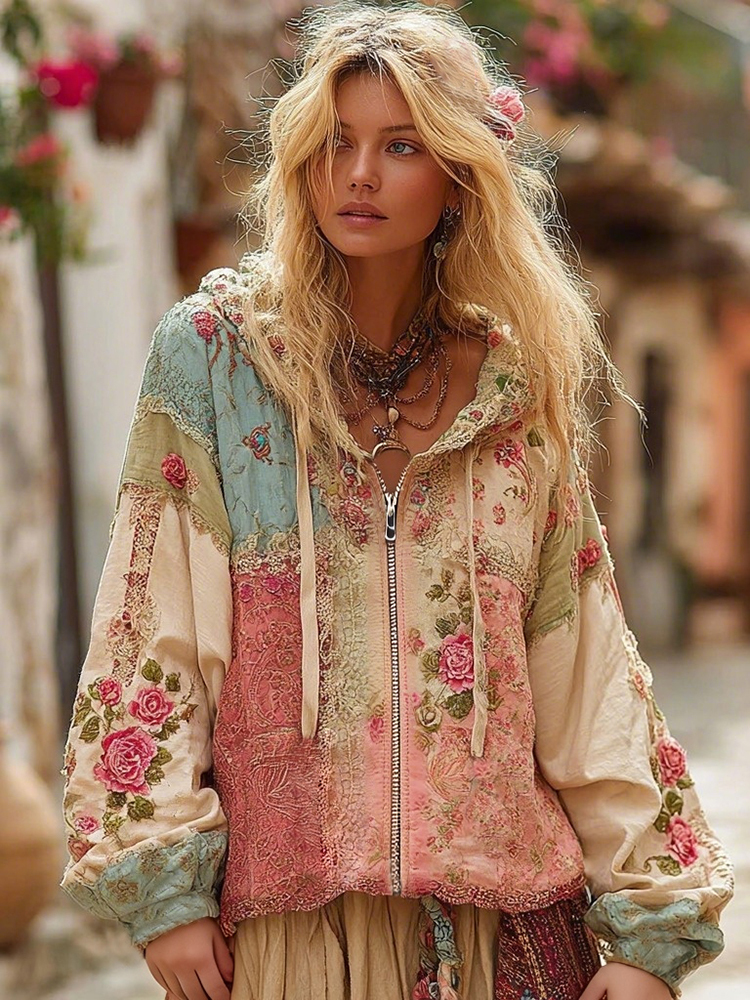 Women's Floral Embroidery Color Block Boho Casual Zip-up Hoodie