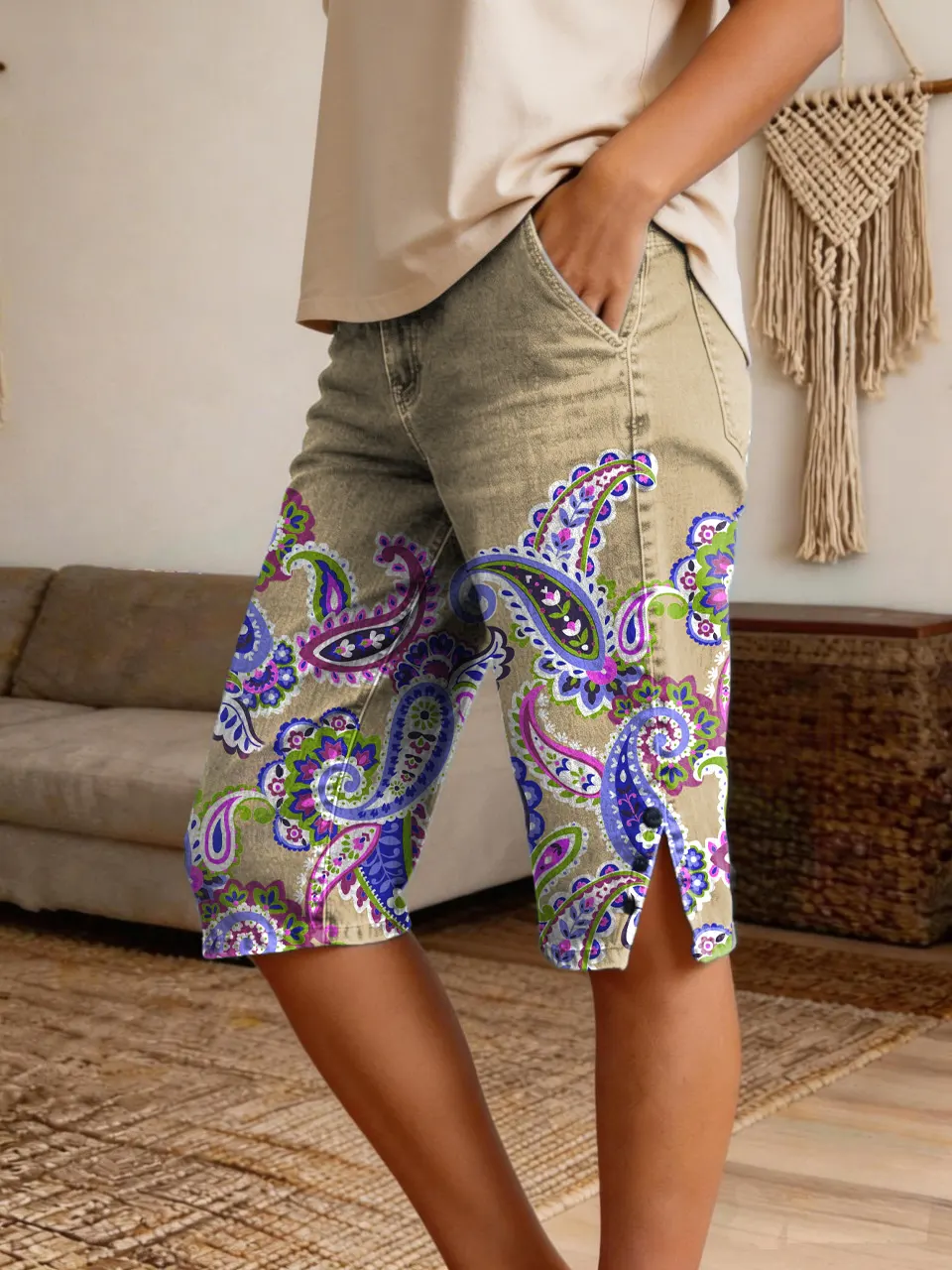 Women's Paisley Floral Art Print Casual Fashion Denim Shorts