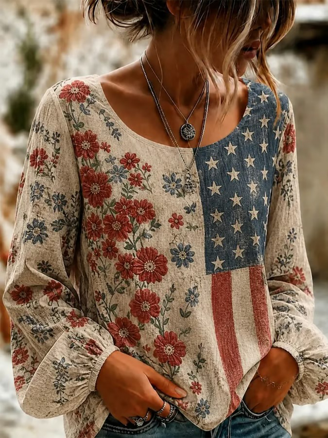 Women's Retro Flag And Floral Art Print Casual Long-sleeve Crew Neck Cotton Shirt