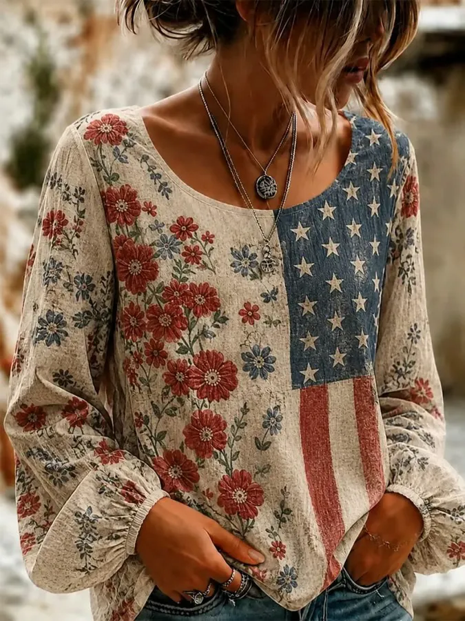 Women's Retro Flag And Floral Art Print Casual Long-sleeve Crew Neck Cotton Shirt