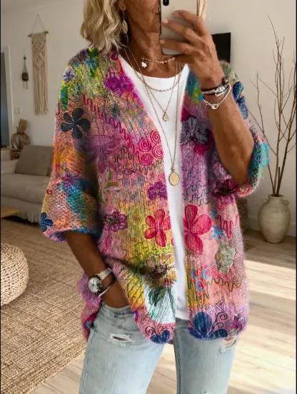 Women's Vintage Oil Painting Floral Art Print Casual Cardigan Sweater
