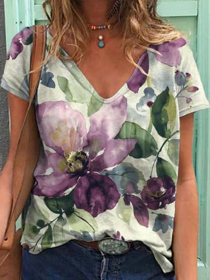 Women's Retro Botanical Floral Design Print T-Shirt