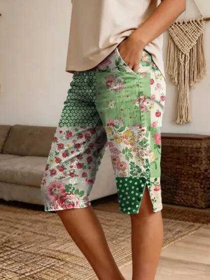 Women's Retro Patchwork Floral Art Print Casual Denim Shorts