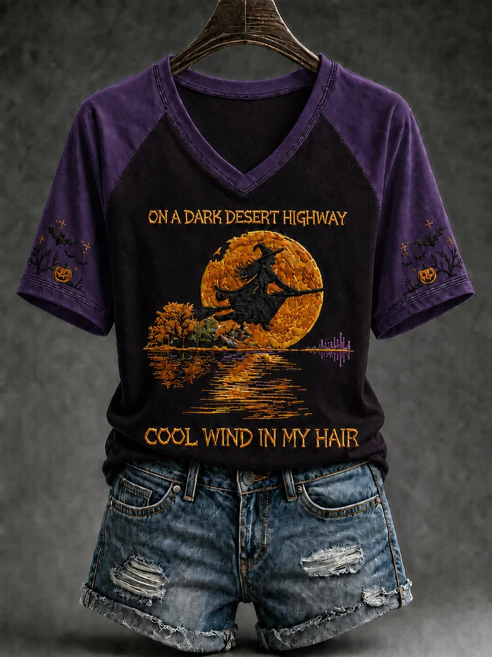 Vintage Halloween Witch Pumpkin Bat V-Neck Tee for Women