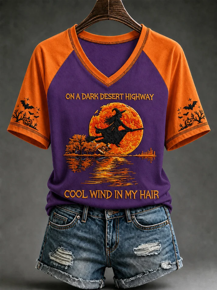 Vintage Halloween Witch Pumpkin Bat V-Neck Tee for Women