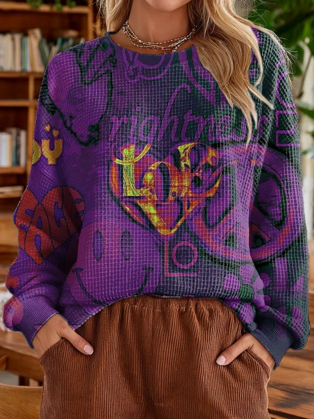 Women's Vintage Purple Peace Love Hearts Hippie Art Print Casual Round