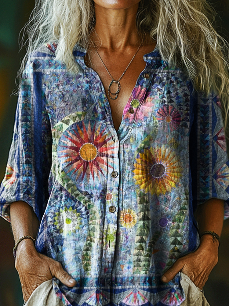 Women's Vintage Bohemian Floral Art Print Casual Cotton Linen Shirt