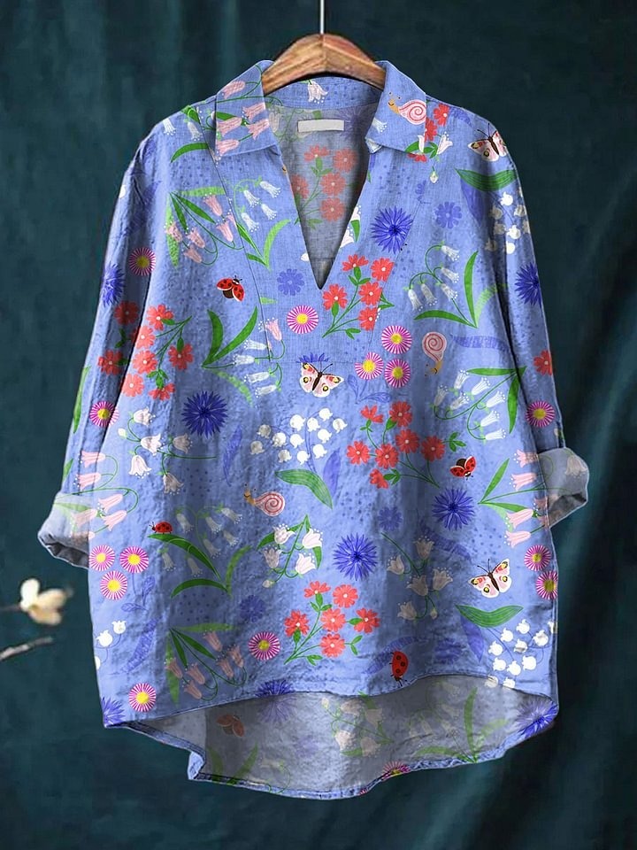 Women's Vintage Flower Art Print Casual Linen V-neck Shirt