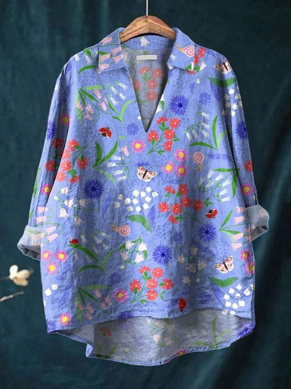Women's Vintage Flower Art Print Casual Linen V-neck Shirt