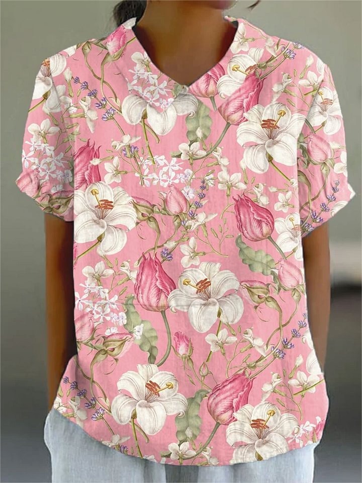 Women's Vintage Floral Art Print Casual Linen V-neck Shirt