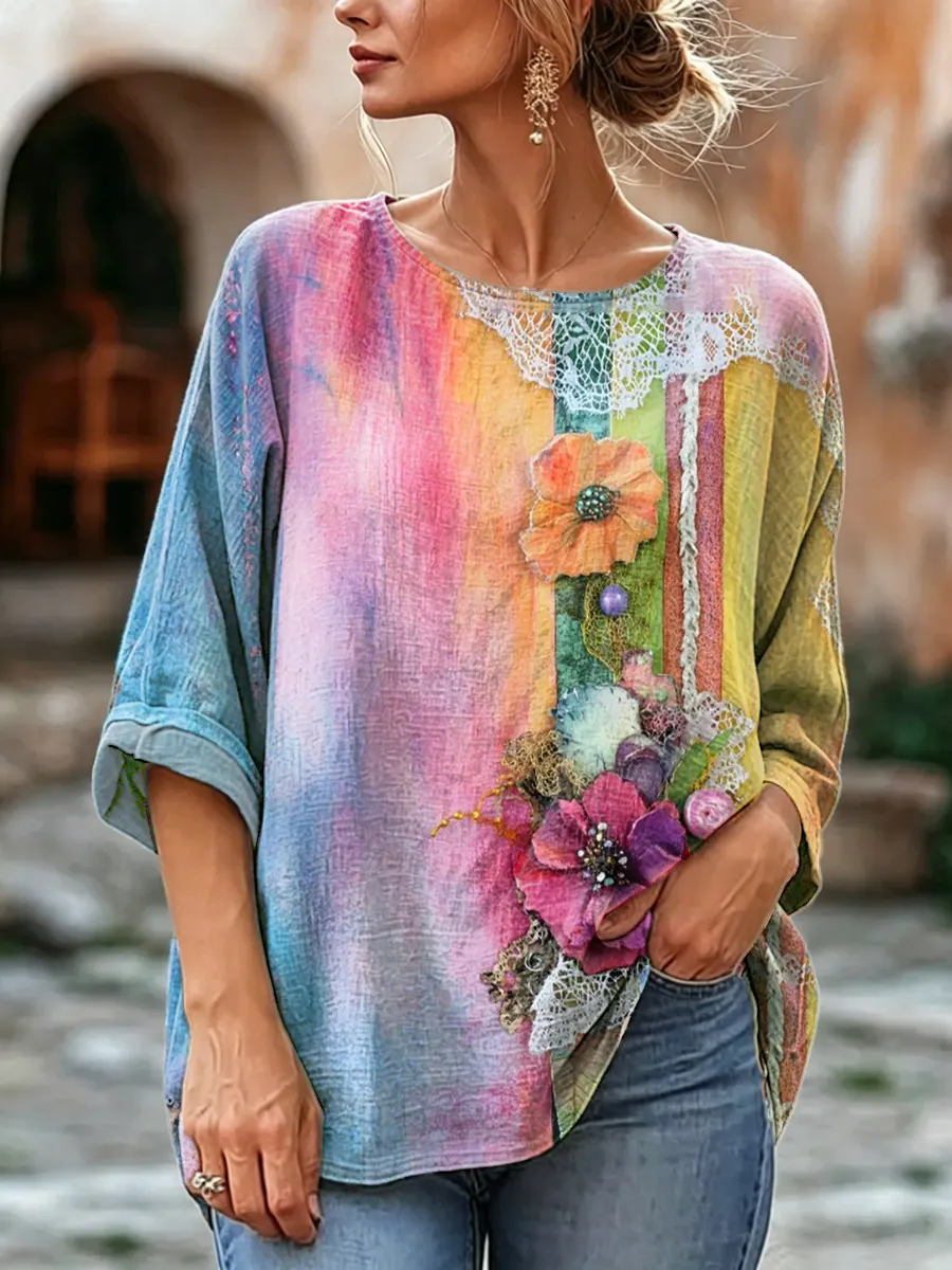 Women's Ombre Floral Print Linen Blend Blouse