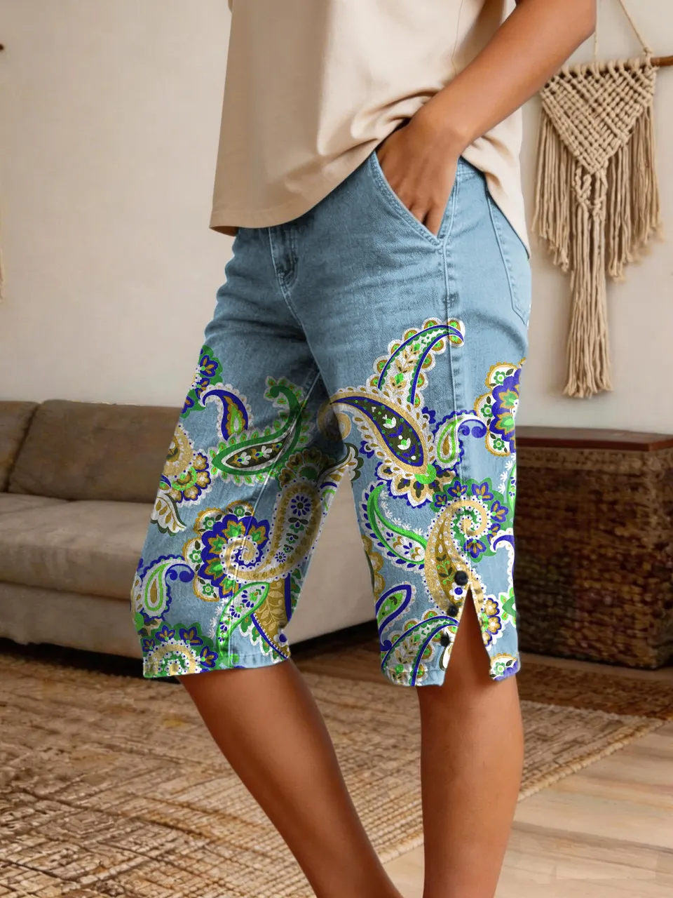 Women's Paisley Floral Art Print Casual Fashion Denim Shorts