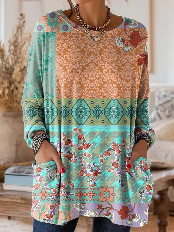 Women's Bohemian Ethnic Floral Art Print Casual Long-Sleeve T-Shirt
