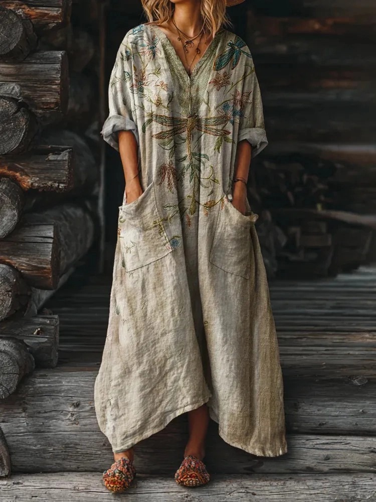 Bohemian Style Dragonfly Flower Vintage V-neck Short-sleeved Shirt