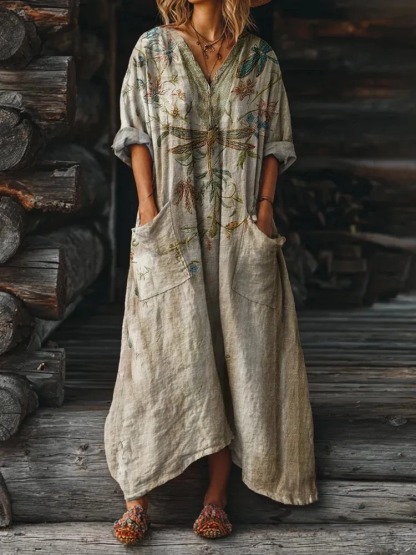 Bohemian Style Dragonfly Flower Vintage V-neck Short-sleeved Shirt