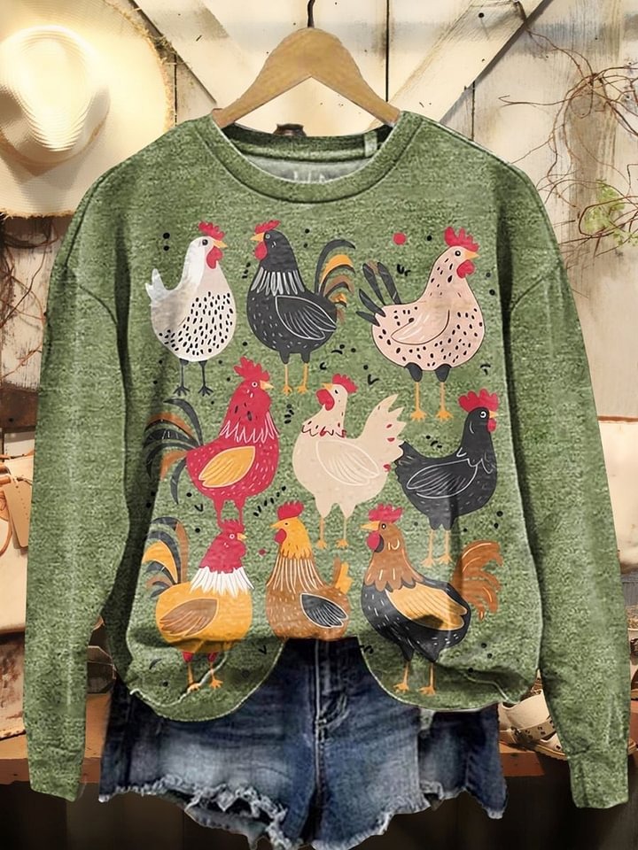 Women's Retro Cute Chicken Art Print Casual Cotton Linen Shirt