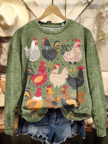 Women's Retro Cute Chicken Art Print Casual Cotton Linen Shirt